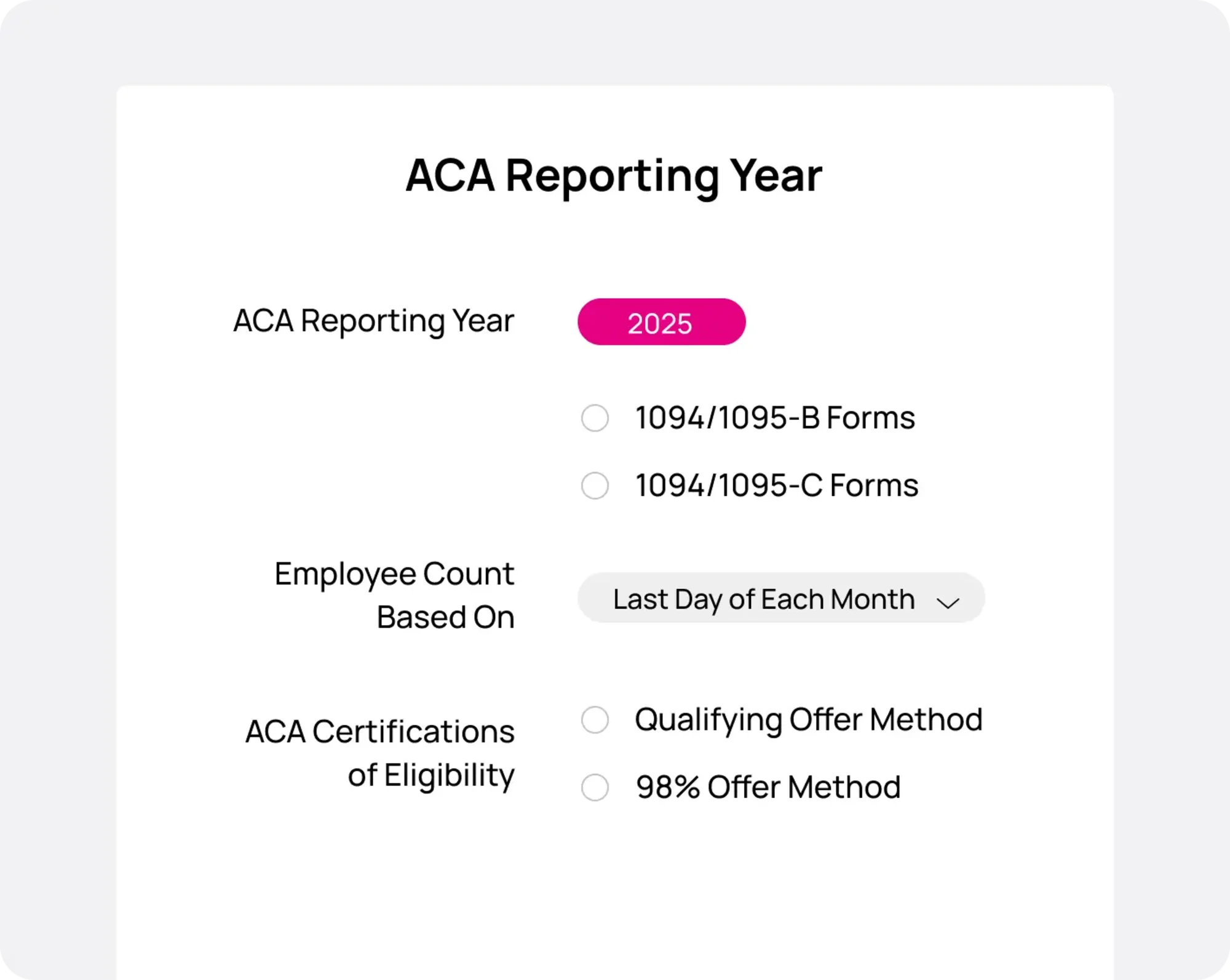 isolved sample ACA reporting setup showing reporting year 2025 and 1094/1095 form selection